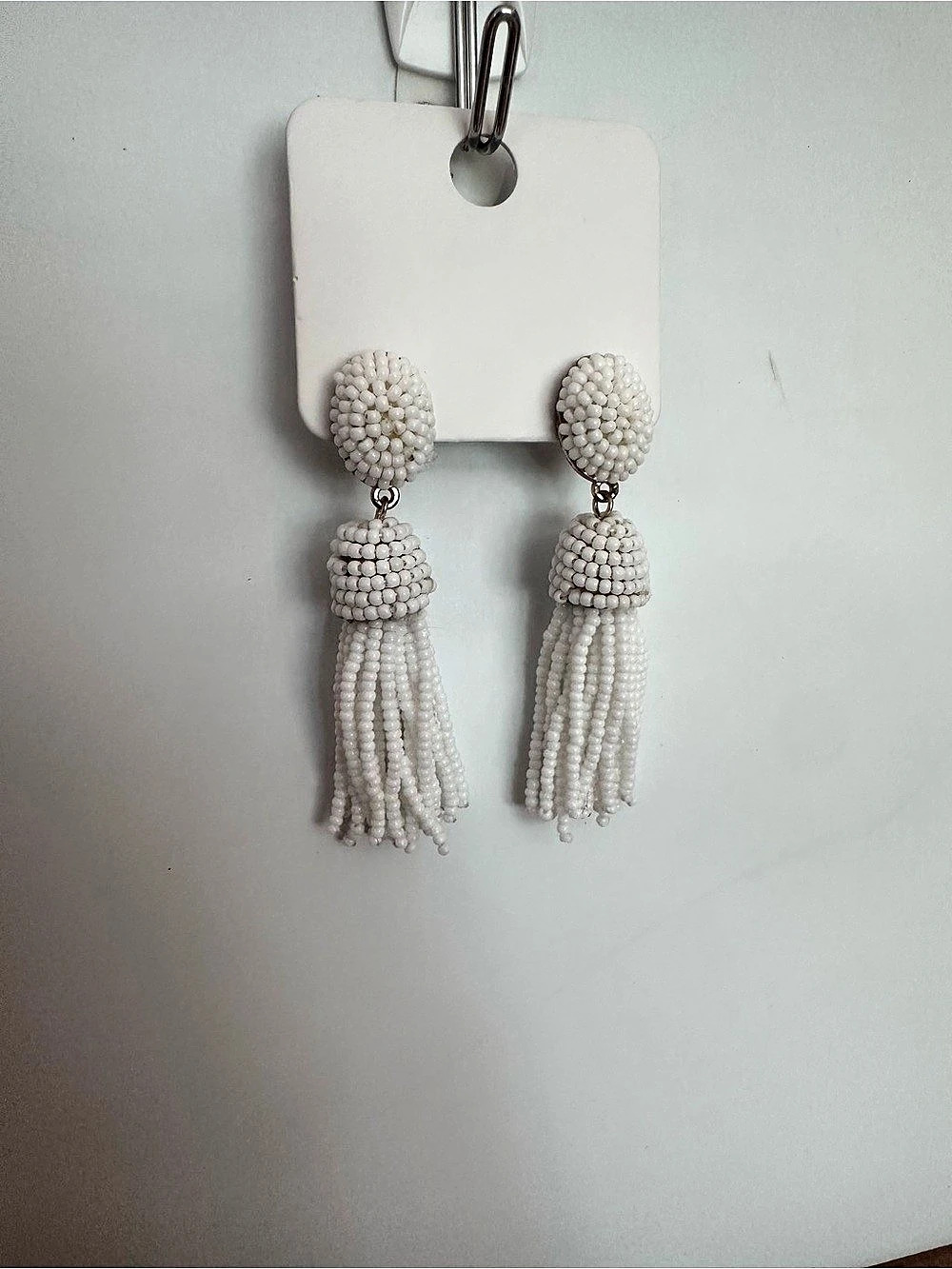 White Beaded Tassel Earrings